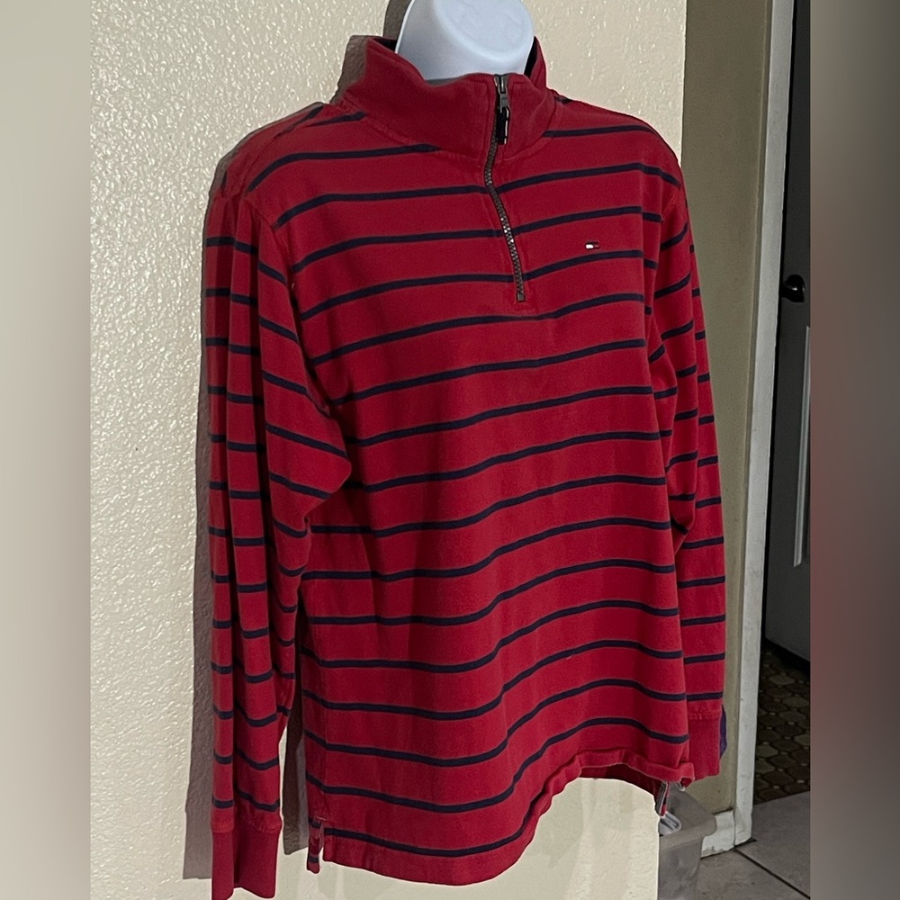 Tommy Hilfiger Men's Red and Blue Zip-Up Sweater